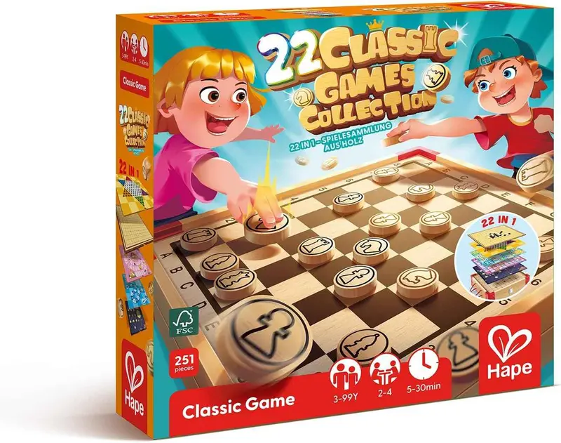 22 Juegos Clásicos de Mesa Hape E4325 – Ajedrez, Ludo, Damas y Más
