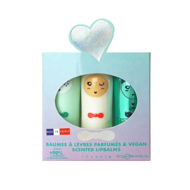 3 Bálsamos Labiales fórmula vegana Manzana- Algodón de Azúcar - Cupcake - Inuwet