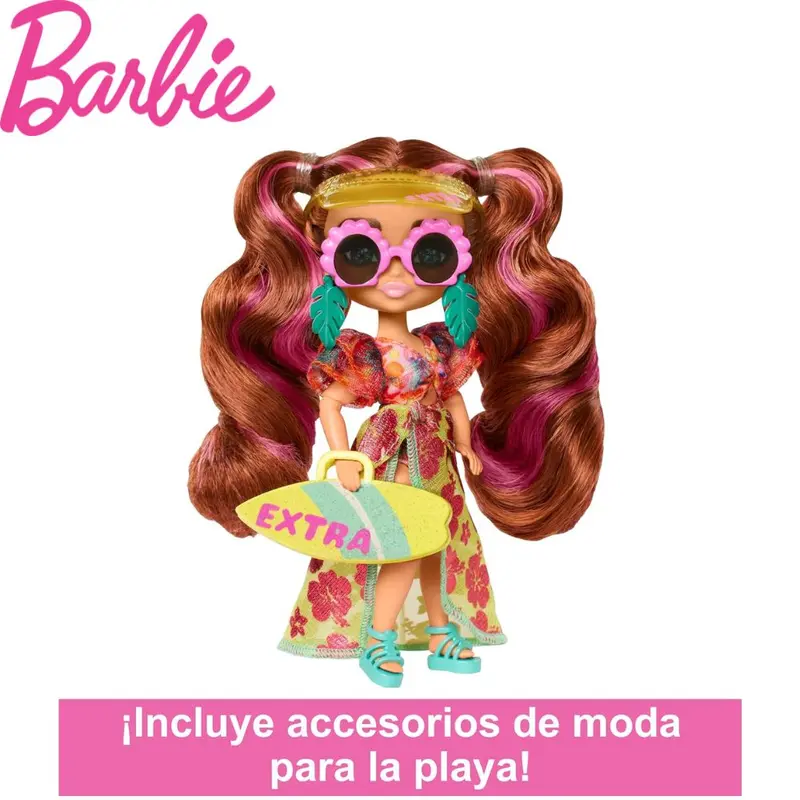 Barbie Mini playa Extra Fly muñeca pequeña morena 14 centímetros