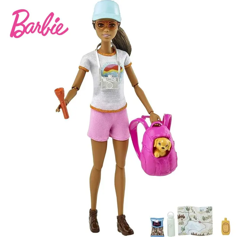 Barbie senderista muñeca con perro articulada y mochila rosa (GRN66)