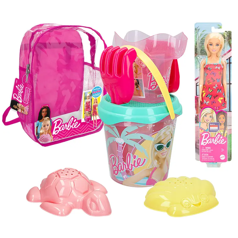 Barbie Set cubo playa con muñeca, accesorios y mochila transporte
