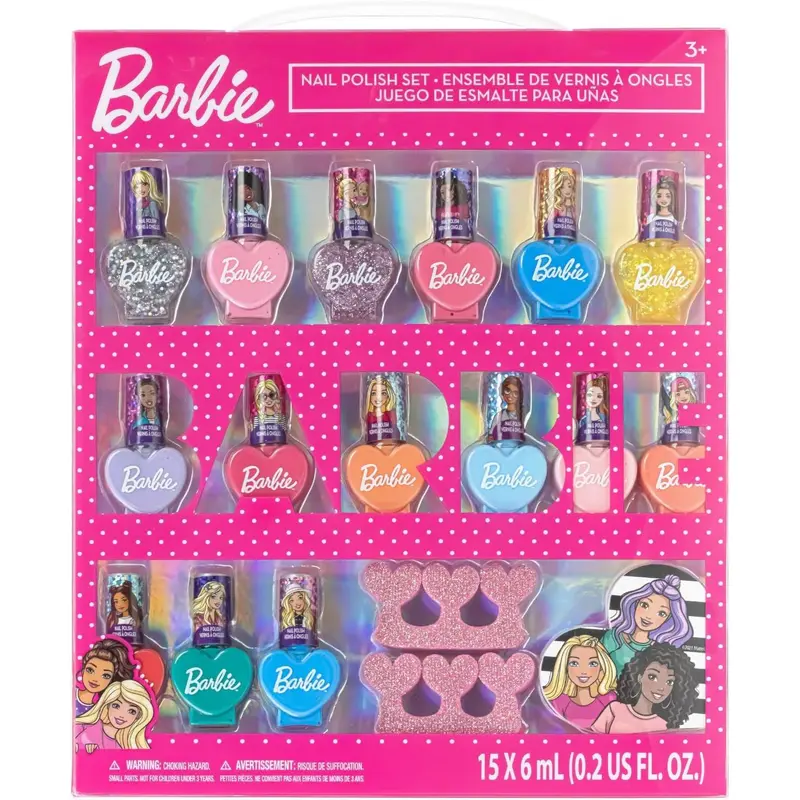 Barbie Set de 18 piezas de esmaltes de uñas y maquillaje para niñas — Incluye 15 esmaltes a base de agua, 2 separadores de dedos y 1 lima de uñas, de Townley Girl