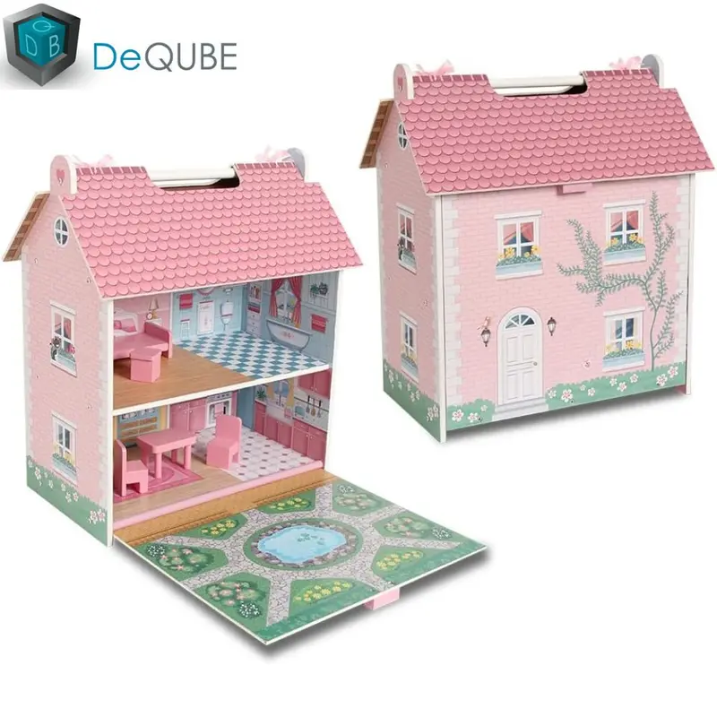 Casa de muñecas portátil de madera con muebles DeQuBe