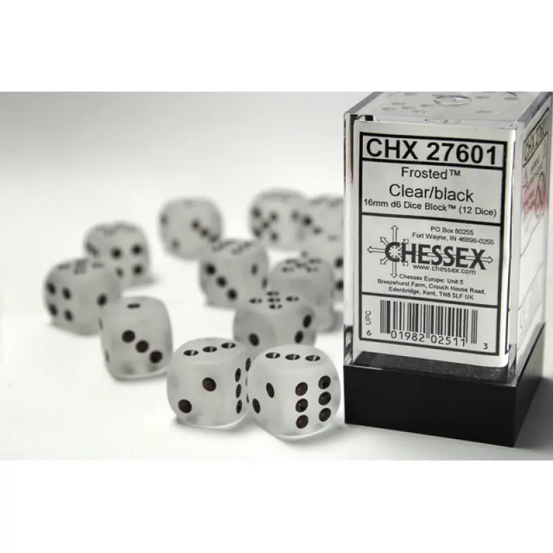 Chessex - 16mm d6 Dice Block (12 dados) - Frosted Clear/black