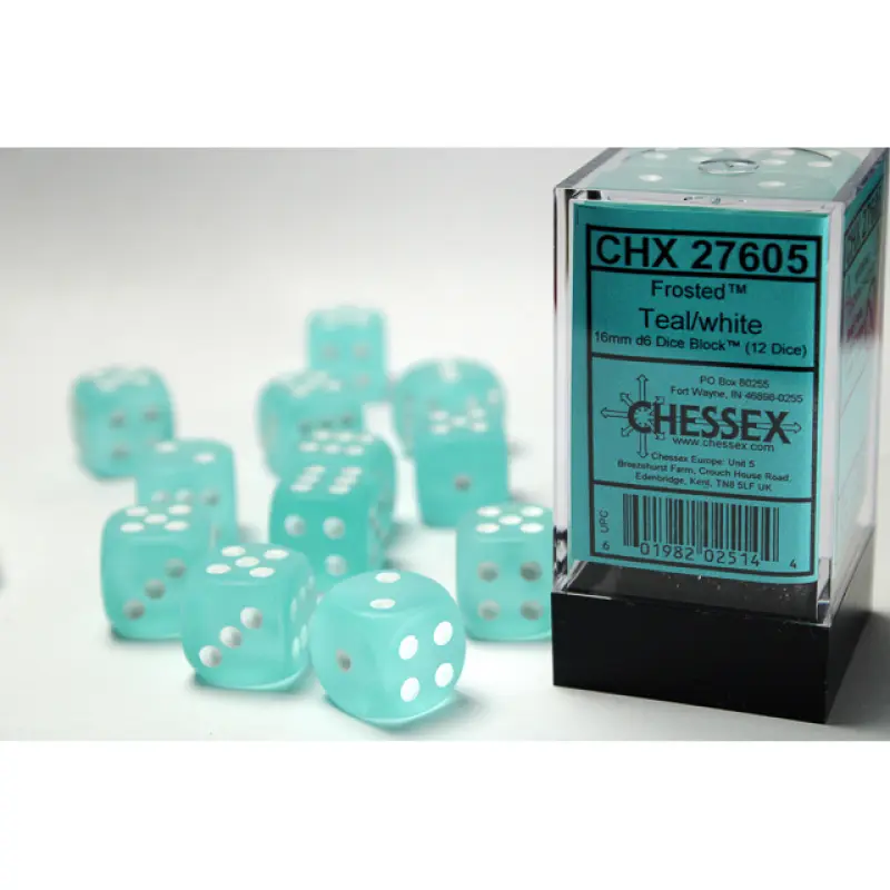 Chessex - 16mm d6 Dice Block (12 dados) - Frosted Teal/whie