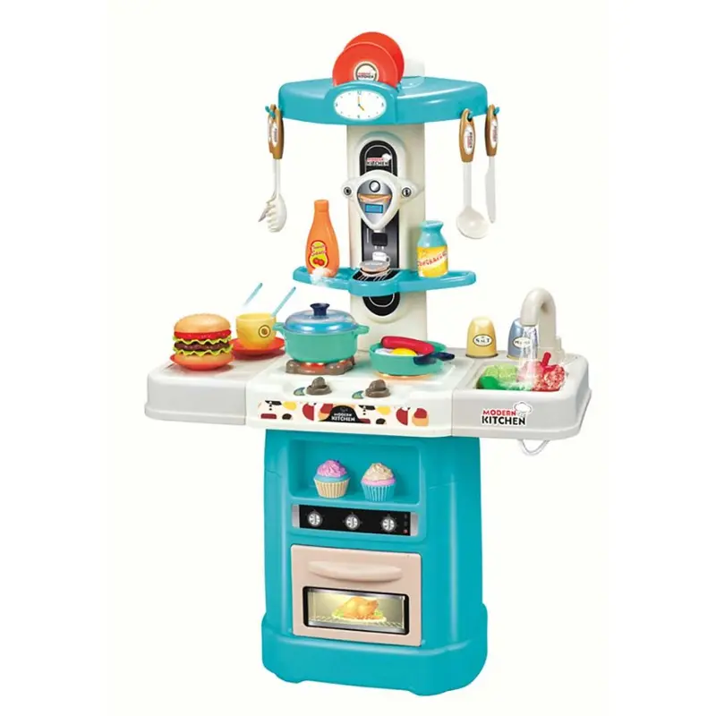 Cocina azul con luz sonido agua y humo 47 piezas
