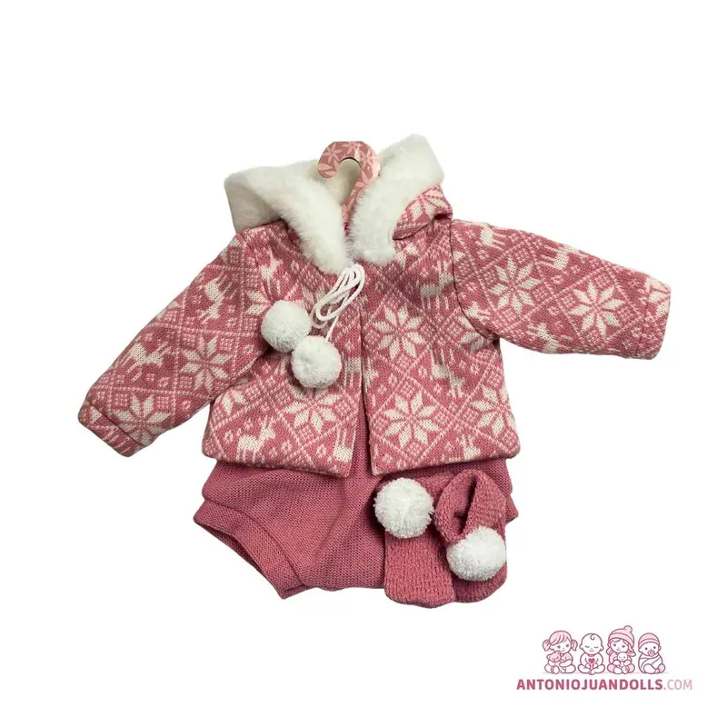 Conjunto Abrigo Rosa Copos Nieve Capucha Pelo Pantalón Gorro 42cm - Ropa Muñeca Antonio Juan (91042-51)