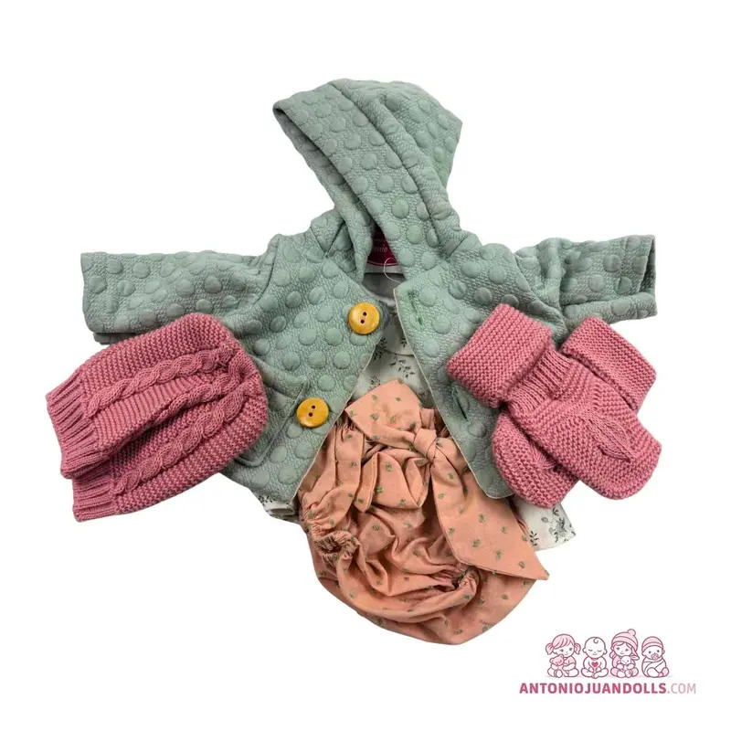 Conjunto Abrigo Verde Acolchado Vestido Florecitas Gorro Manoplas 47cm - Ropa Muñeca Antonio Juan (91047-1)