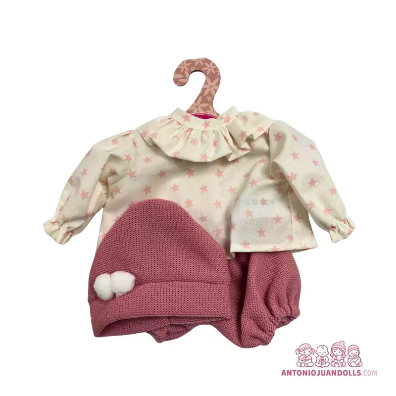 Conjunto Blusa Beige Estrellitas Pantalón Rosa Pompones Gorro 33cm - Ropa Muñeca Antonio Juan (91033-16)