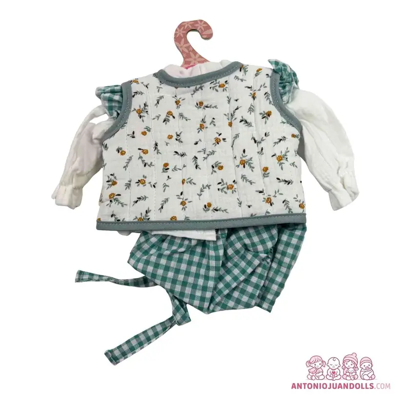 Conjunto Blusa Chaleco Florecitas Vichy Verde Diadema 47cm - Ropa Muñeca Antonio Juan (91047-7)