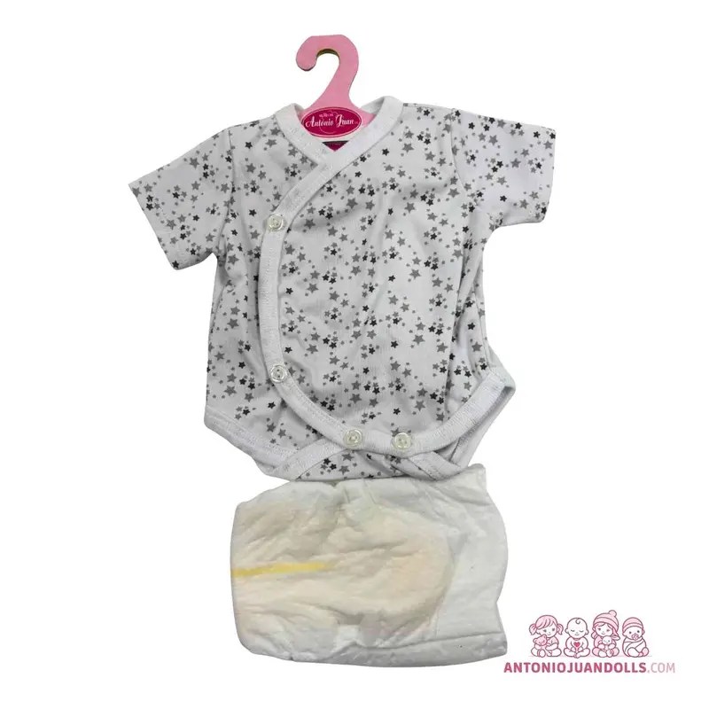 Conjunto Body Blanco Estrellitas Grises Pañal 42cm - Ropa Muñeca Antonio Juan (91046-5)