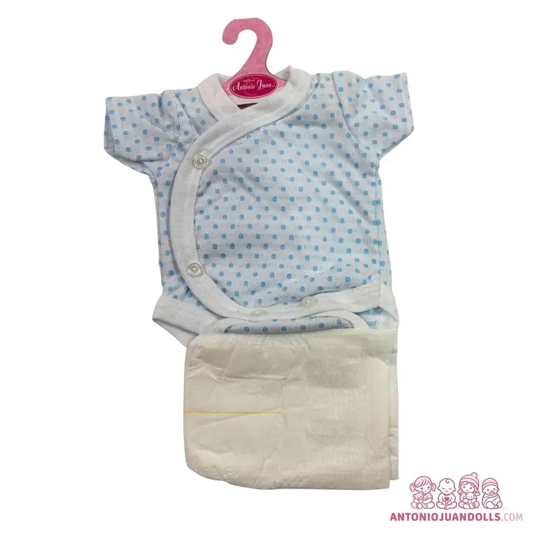 Conjunto Body Blanco Topitos Azules Grises Pañal 42cm - Ropa Muñeca Antonio Juan (91046-11)