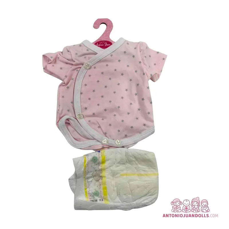 Conjunto Body Rosa Estrellitas Grises Pañal 42cm - Ropa Muñeca Antonio Juan (91046-4)