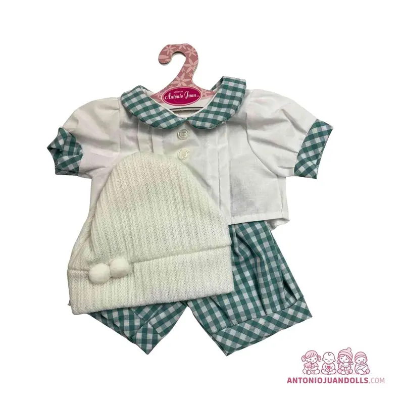 Conjunto Camisa Blanca Vichy Verde Pantalón Gorro 42cm - Ropa Muñeca Antonio Juan (91042-46)