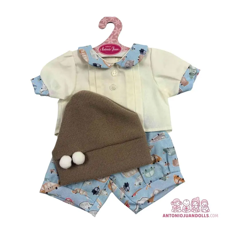 Conjunto Camisa Perritos Pantalón Azul Gorro 42cm - Ropa Muñeca Antonio Juan (91042-3)
