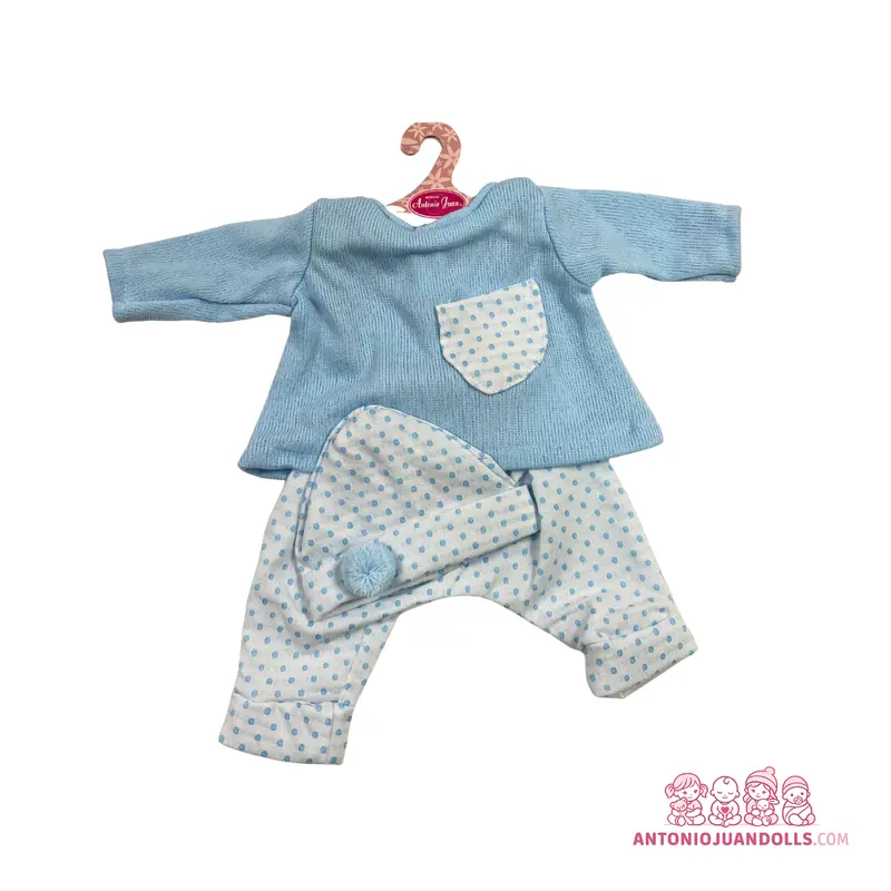 Conjunto Camiseta Azul Pantalón Lunares Azules Gorro 52cm - Ropa Muñeca Antonio Juan (91152-22)
