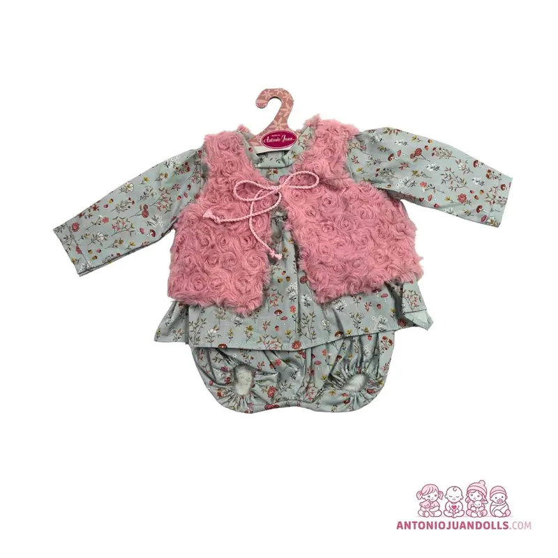 Conjunto Chaleco Rosa Textura Rosas Vestido Flores Ranita 52cm - Ropa Muñeca Antonio Juan (91152-29)