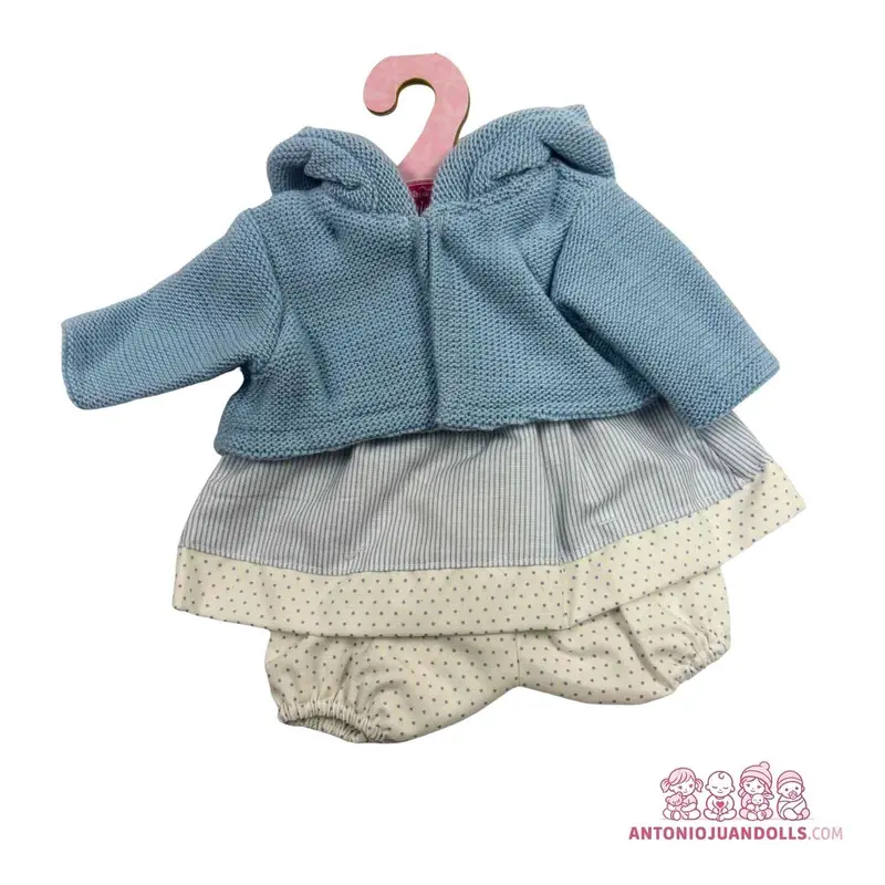 Conjunto Chaqueta Azul Capucha Vestido Rayas Topitos 33cm - Ropa Muñeca Antonio Juan (91033-9)