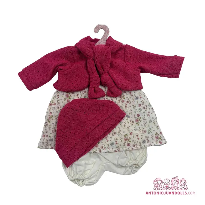 Conjunto Chaqueta Fucsia Vestido Flores Toquilla 52cm - Ropa Muñeca Antonio Juan (91152-18)