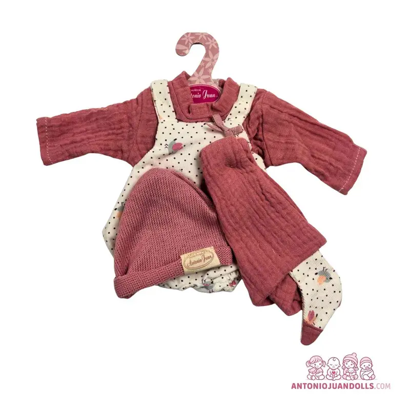 Conjunto Chaqueta Gasa Rosa Vestido Topitos Pantalón Rosa Gorro 33cm - Ropa Muñeca Antonio Juan (91033-36)