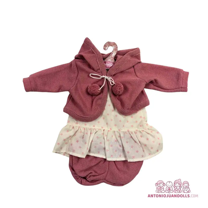 Conjunto Chaqueta Granate Capucha Vestido Estrellas 52cm - Ropa Muñeca Antonio Juan (91152-9)