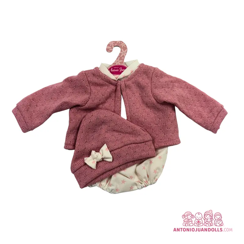 Conjunto Chaqueta Rosa Punto Ranita Estrellas Gorro 42cm - Ropa Muñeca Antonio Juan (91042-21)