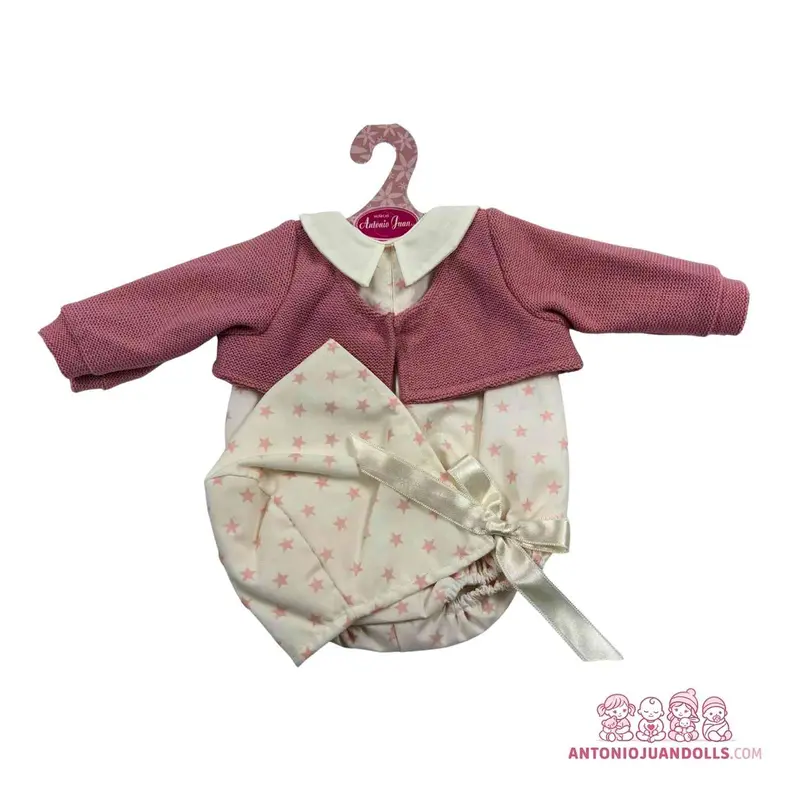 Conjunto Chaqueta Rosa Punto Ranita Estrellas Gorro 42cm - Ropa Muñeca Antonio Juan (91042-37)