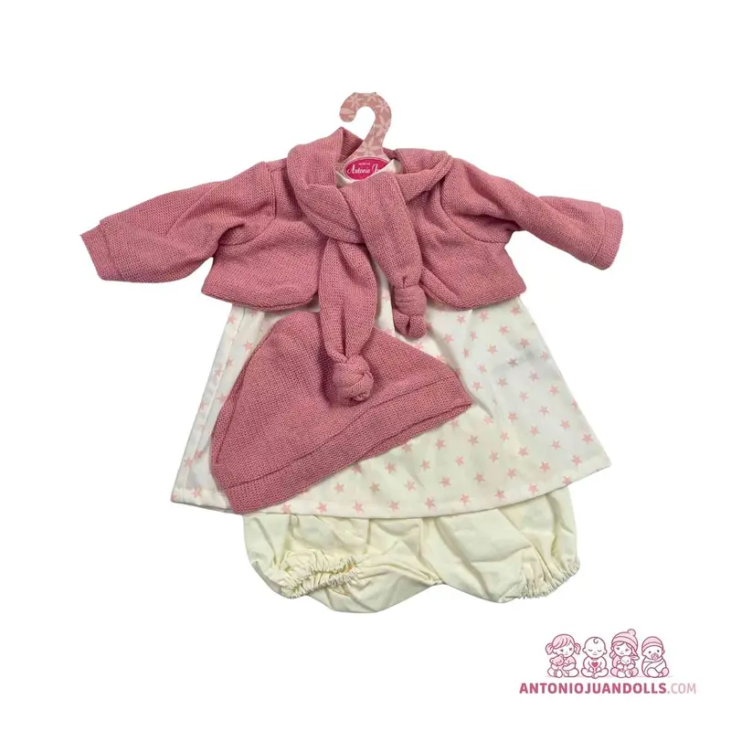 Conjunto Chaqueta Rosa Punto Vestido Estrellas Ranita Gorro 52cm - Ropa Muñeca Antonio Juan (91152-38)