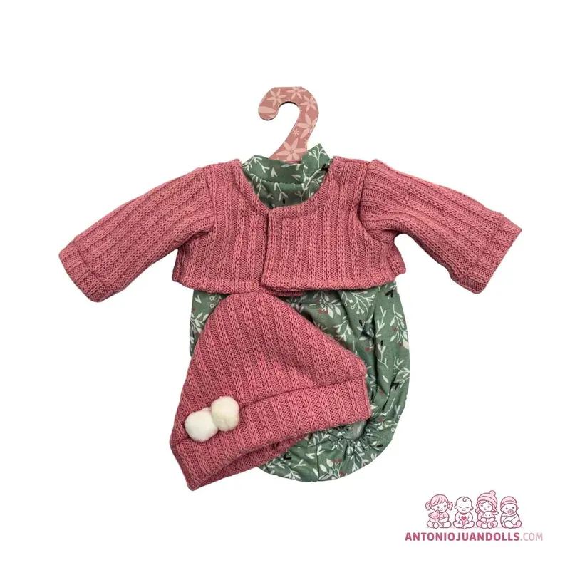 Conjunto Chaqueta Rosa Punto Vestido Verde Florecitas Gorro 33cm - Ropa Muñeca Antonio Juan (91033-21)