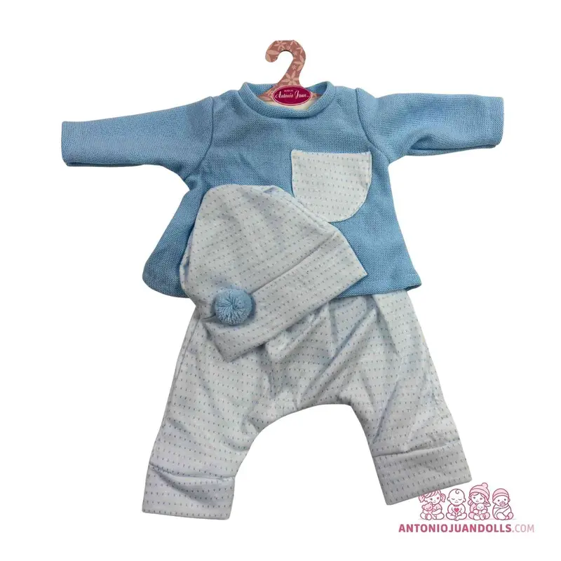 Conjunto Jersey Azul Bolsillo Pantalón Topitos Gorro 52cm - Ropa Muñeca Antonio Juan (91152-23)