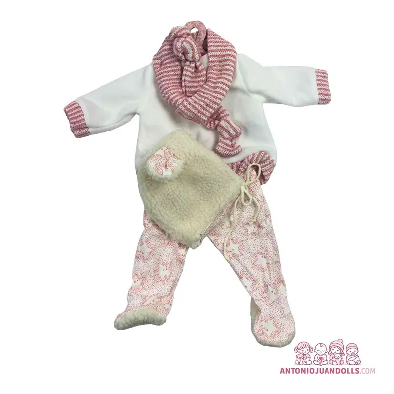 Conjunto Jersey Blanco Bufanda Rosa Chaleco Pelo Pantalón Conejitos 52cm - Ropa Muñeca Antonio Juan (91152-32)