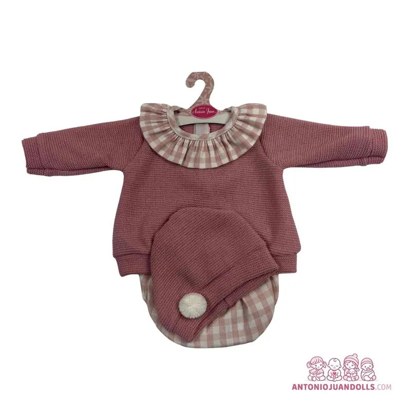 Conjunto Jersey Burdeos Cuello Vichy Ranita Gorro 52cm - Ropa Muñeca Antonio Juan (91152-17)
