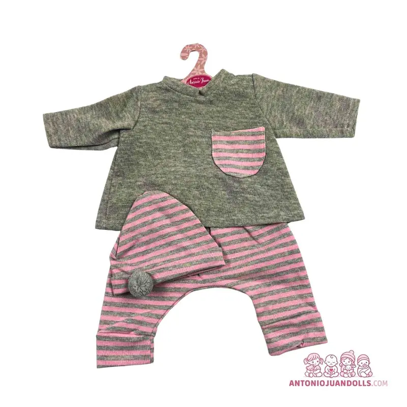 Conjunto Jersey Gris Claro Pantalón Rosa Rayas Gorro 52cm - Ropa Muñeca Antonio Juan (91152-36)