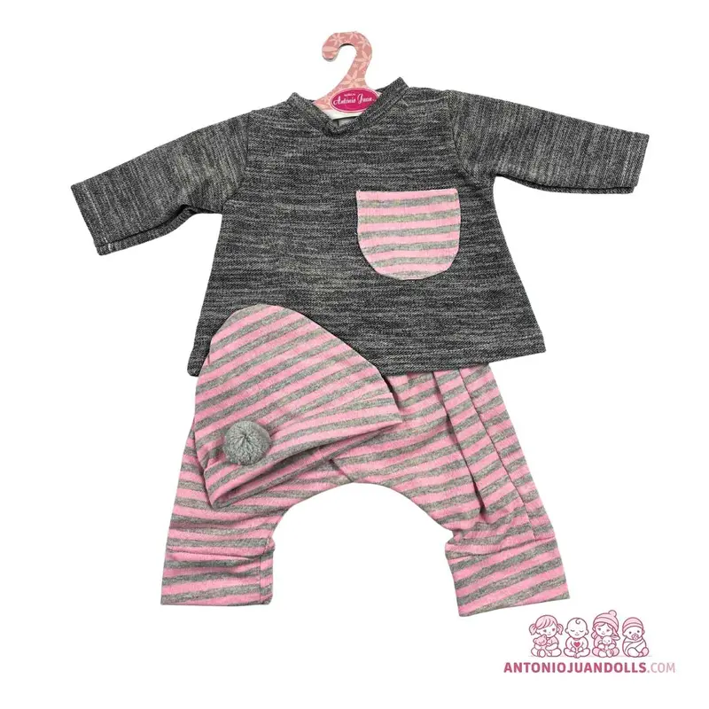 Conjunto Jersey Gris Pantalón Rosa Rayas Gorro 52cm - Ropa Muñeca Antonio Juan (91152-35)