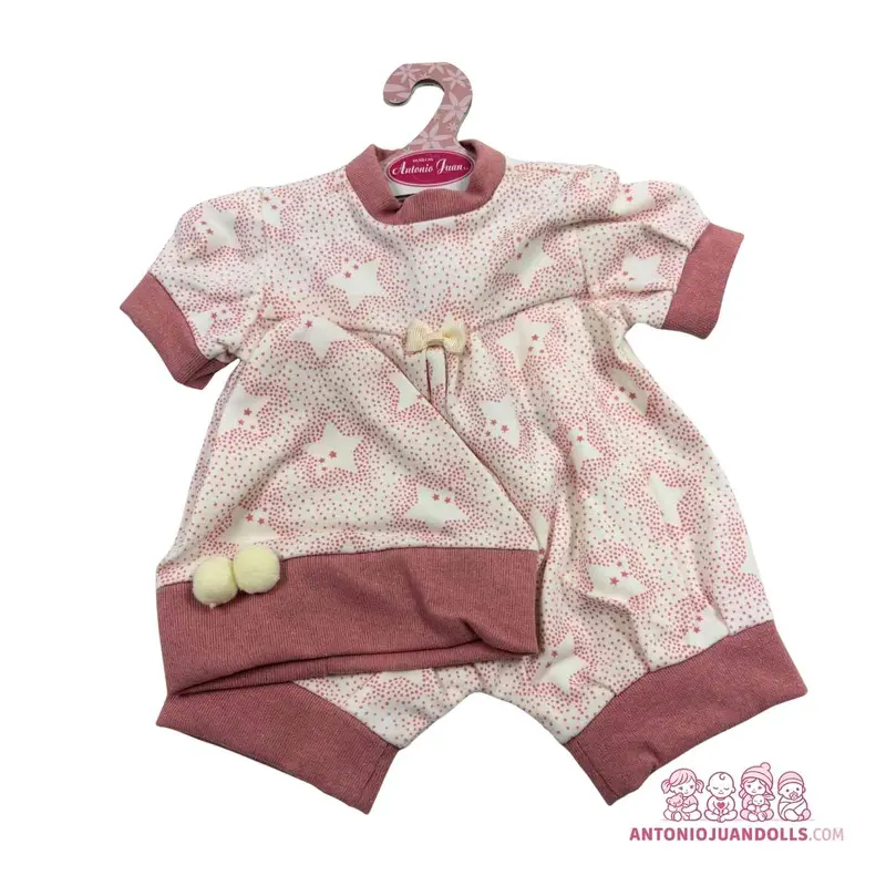 Conjunto Pelele Conejitos Topitos Rosa Bolsillo Pompones 42cm - Ropa Muñeca Antonio Juan (91042-32)