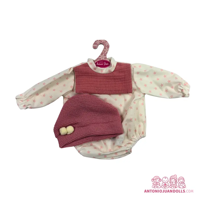 Conjunto Pelele Estrellas Rosa Peto Textura Gorro 42cm - Ropa Muñeca Antonio Juan (91042-18)