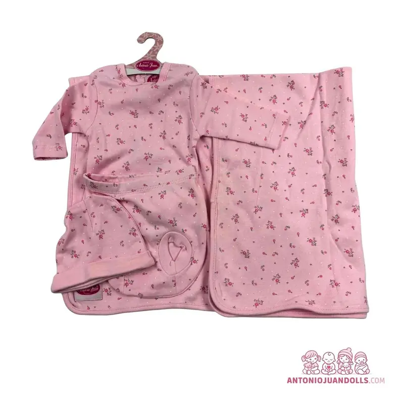 Conjunto Pelele Florecitas Rosa Arrullo Babero 47cm - Ropa Muñeca Antonio Juan (91047-2)