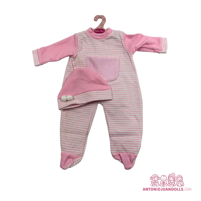 Conjunto Pelele Rayas Rosa Body Gorro Pompones 42cm - Ropa Muñeca Antonio Juan (91042-24)