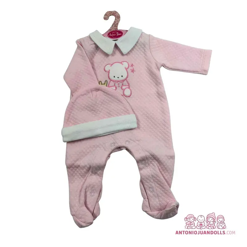 Conjunto Pelele Rosa Acolchado Osita Bordada Gorro 47cm - Ropa Muñeca Antonio Juan (91047-8)