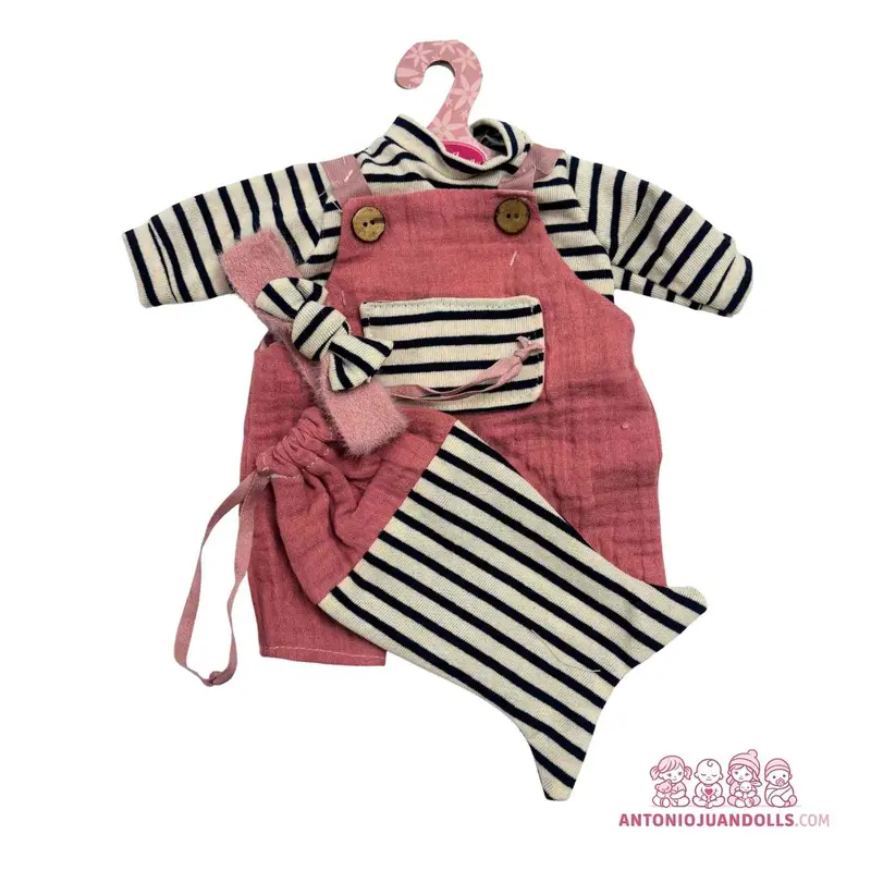 Conjunto Peto Rosa Texturizado Rayas Blancas Negras Gorro 33cm - Ropa Muñeca Antonio Juan (91033-29)