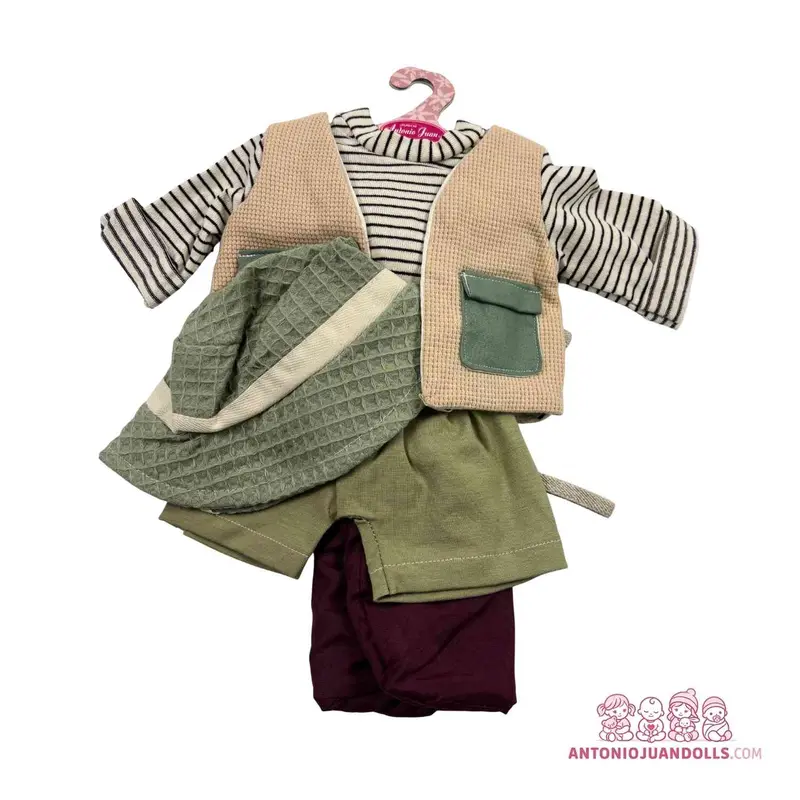 Conjunto Rayas Chaleco Beige Bolso Verde Gorro 42cm - Ropa Muñeca Antonio Juan (91042-34)