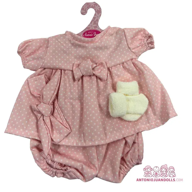 Conjunto Rosa Topitos Blancos Toquilla y Manoplas 52cm - Ropa Muñeca Antonio Juan (91152-6)