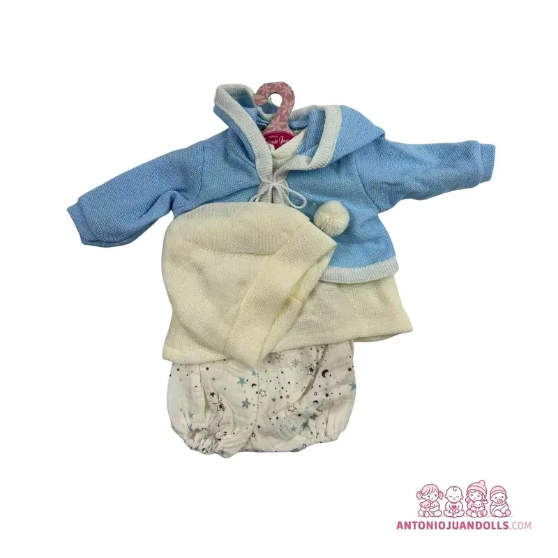 Conjunto Sudadera Azul Capucha Pompón Estrellas 52cm - Ropa Muñeca Antonio Juan (91152-8)