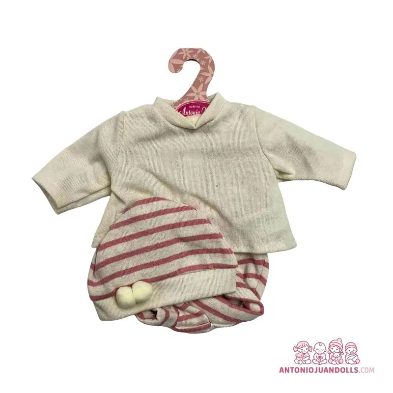 Conjunto Sudadera Beige Punto Pantalón Rayas Rosas Pompones 33cm - Ropa Muñeca Antonio Juan (91033-27)