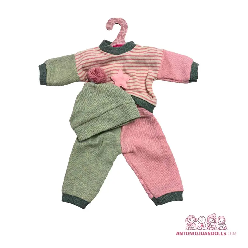 Conjunto Sudadera Rayas Rosa Estrella Pantalón Bicolor Gorro Verde 33cm - Ropa Muñeca Antonio Juan (91033-32)