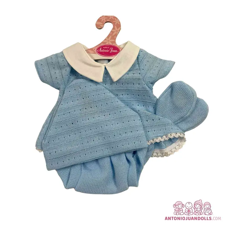 Conjunto Vestido Azul Punto Calado Braguita Gorro 42cm - Ropa Muñeca Antonio Juan (91042-41)