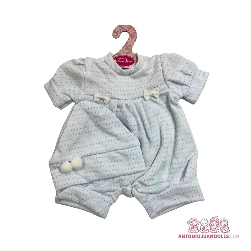 Conjunto Vestido Azul Topitos Pantalón Gorro Pompones 42cm - Ropa Muñeca Antonio Juan (91042-44)