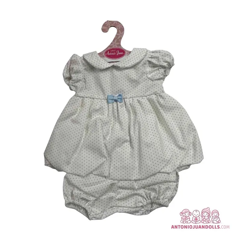 Conjunto Vestido Blanco Topitos Grises Braguita 42cm - Ropa Muñeca Antonio Juan (91042-55)