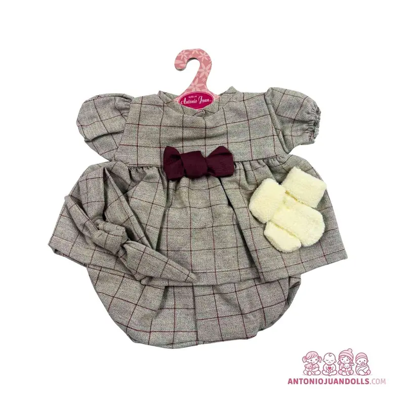 Conjunto Vestido Cuadros Gris Lazo Burdeos Manoplas 52cm - Ropa Muñeca Antonio Juan (91152-13)