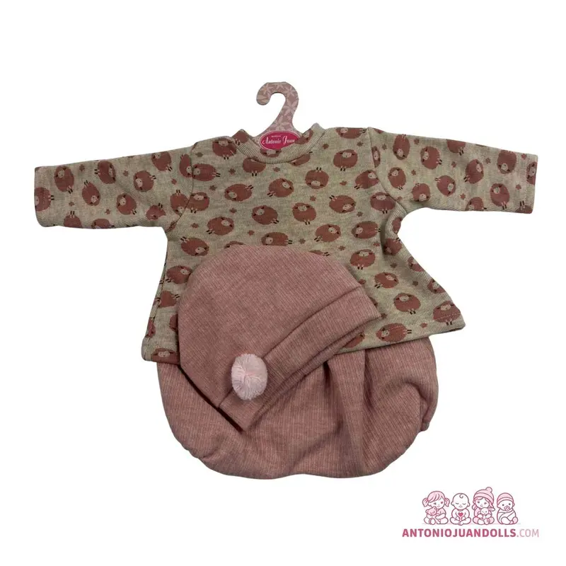 Conjunto Vestido Erizos Ranita Rosa Gorro Pompón 52cm - Ropa Muñeca Antonio Juan (91152-20)